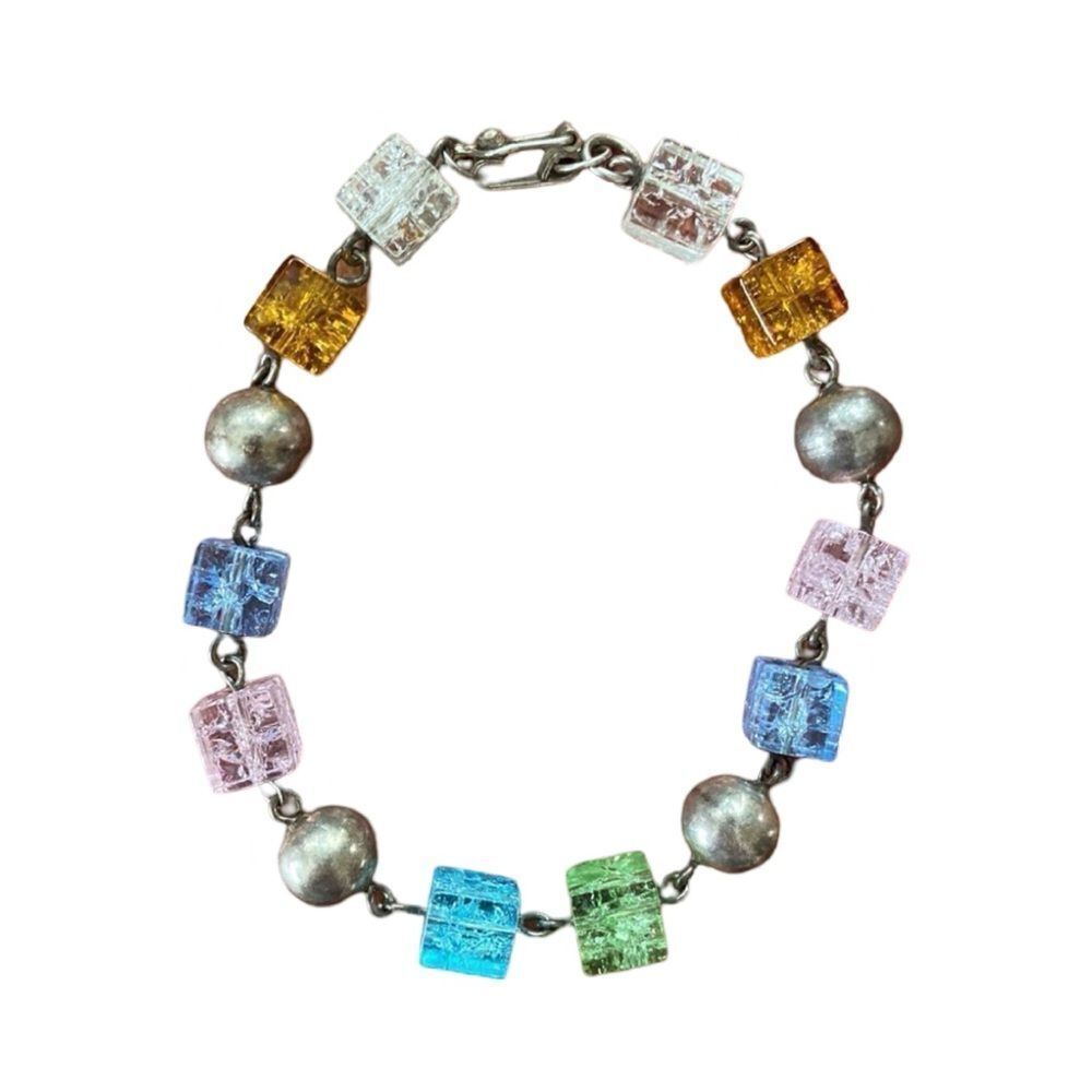 Vtg. 950 Fine Silver Rainbow Art Glass Cube Link Bracelet Venetian Murano Clasp